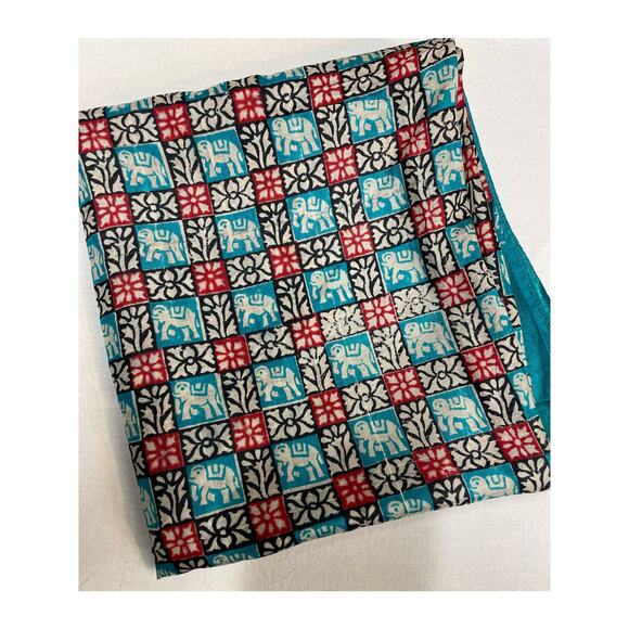 Vintage Mid Century Elephant Silk Scarf Indian Block Print Tile Print Turquoise - Picture 10 of 10